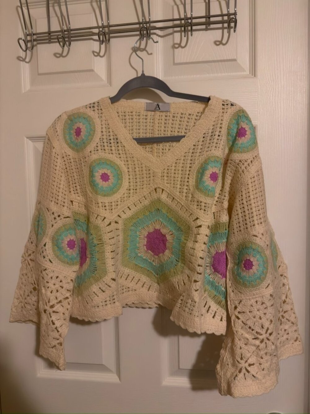 ZA Styles Crochet Granny Square Bell Sleeve Sweater OSFM NWOT